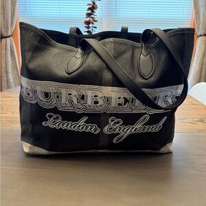 Burberry coated canvas giant check medium doodle tote reversible black white